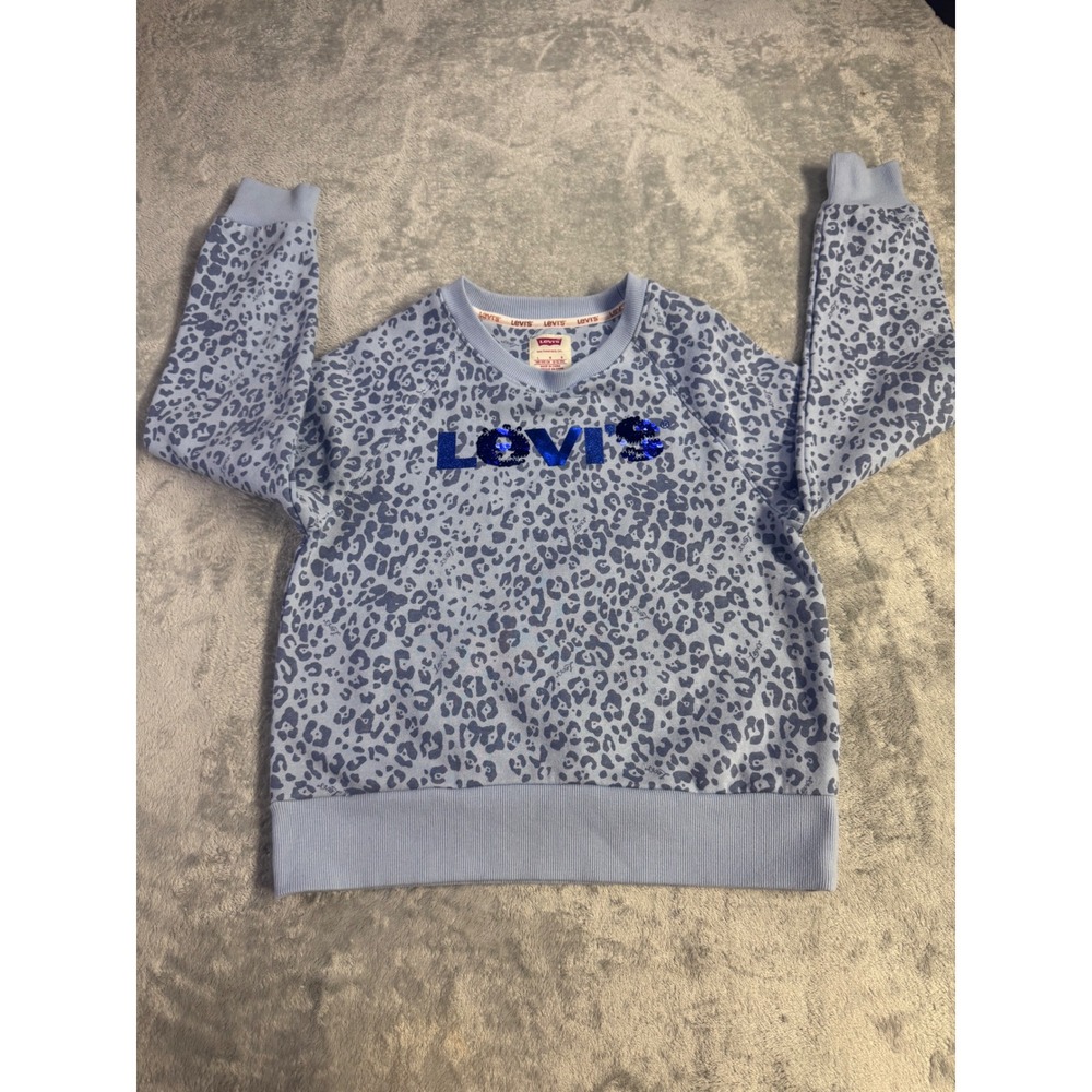 Levis Girls Blue Leopard Print Sequin Logo Sweatshirt Size L 12-13 YRS Pullover